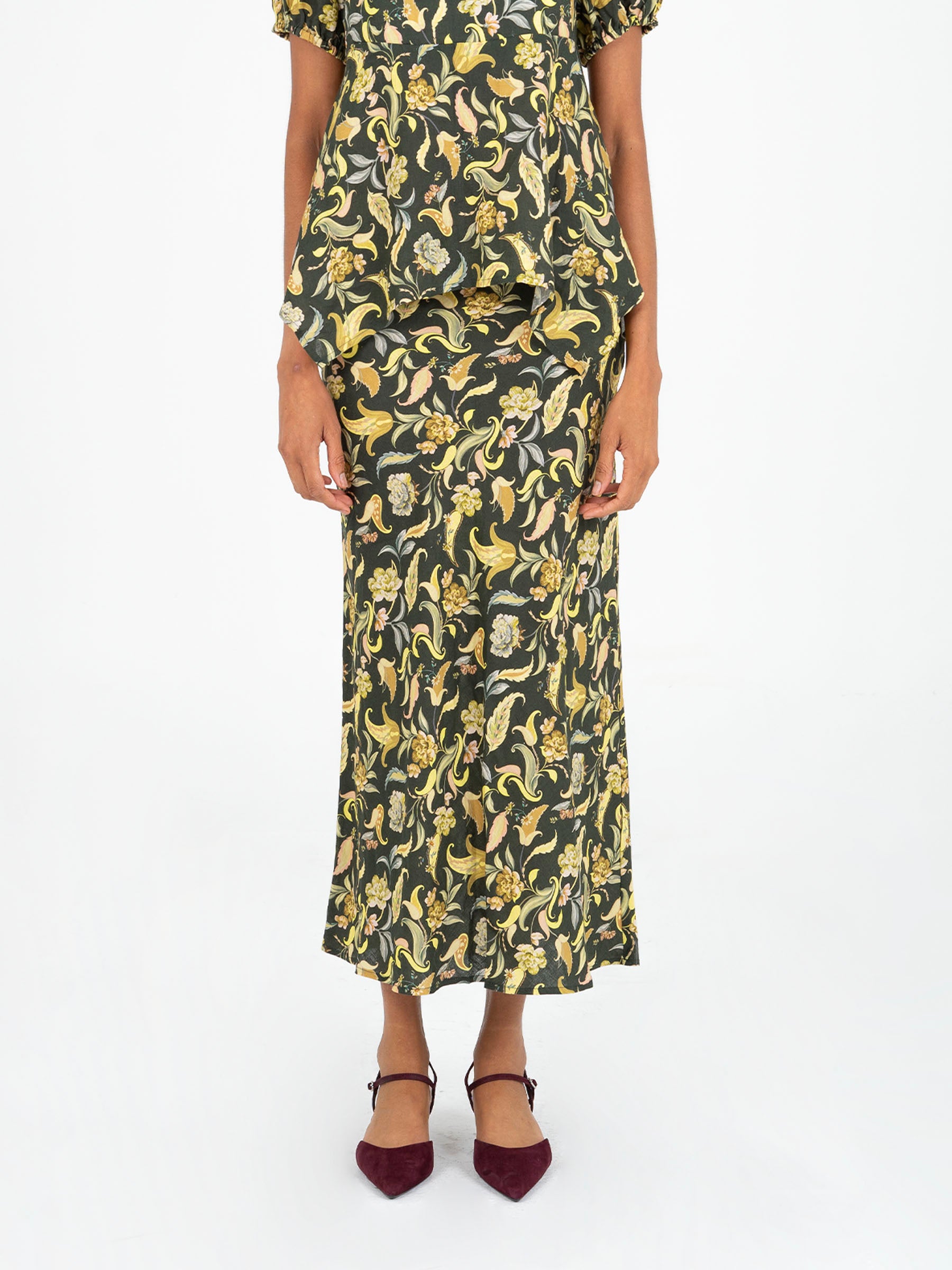 Enigma Green Floral Print Skirt falda