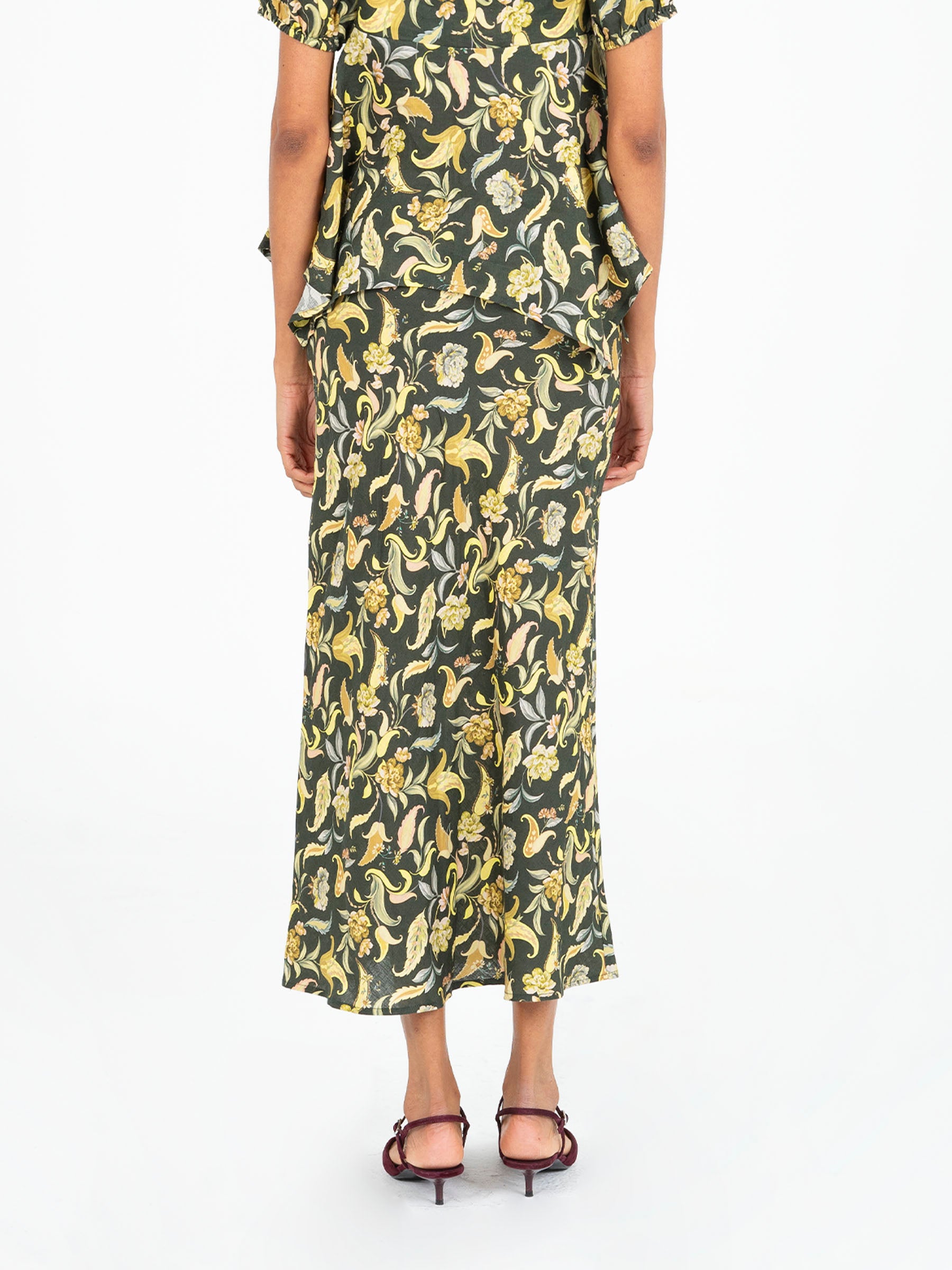 Enigma Green Floral Print Skirt falda