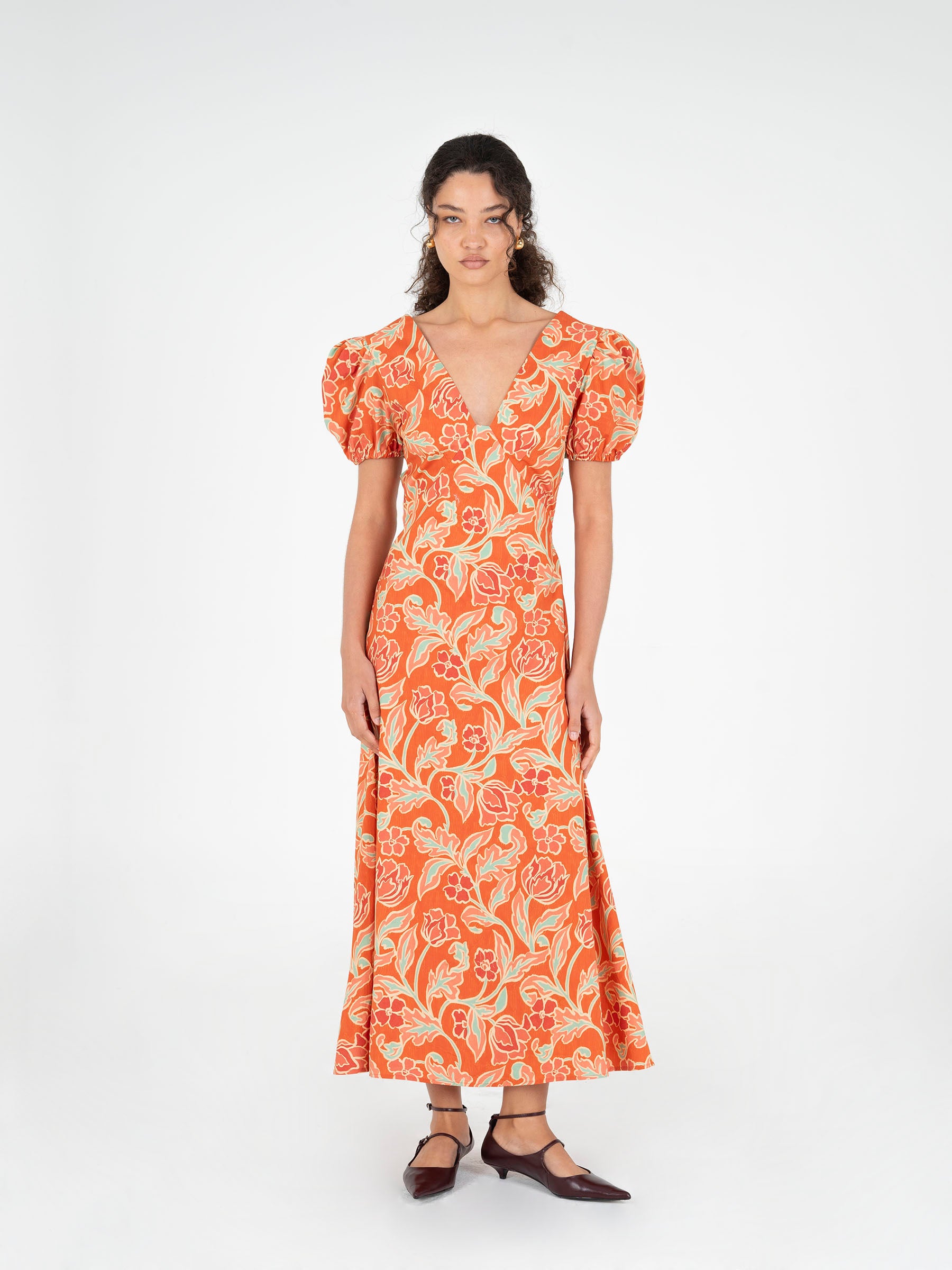 orange floral wrap dress The Longoria Scalloped Hem Wrap Dress in Peach Floral Small