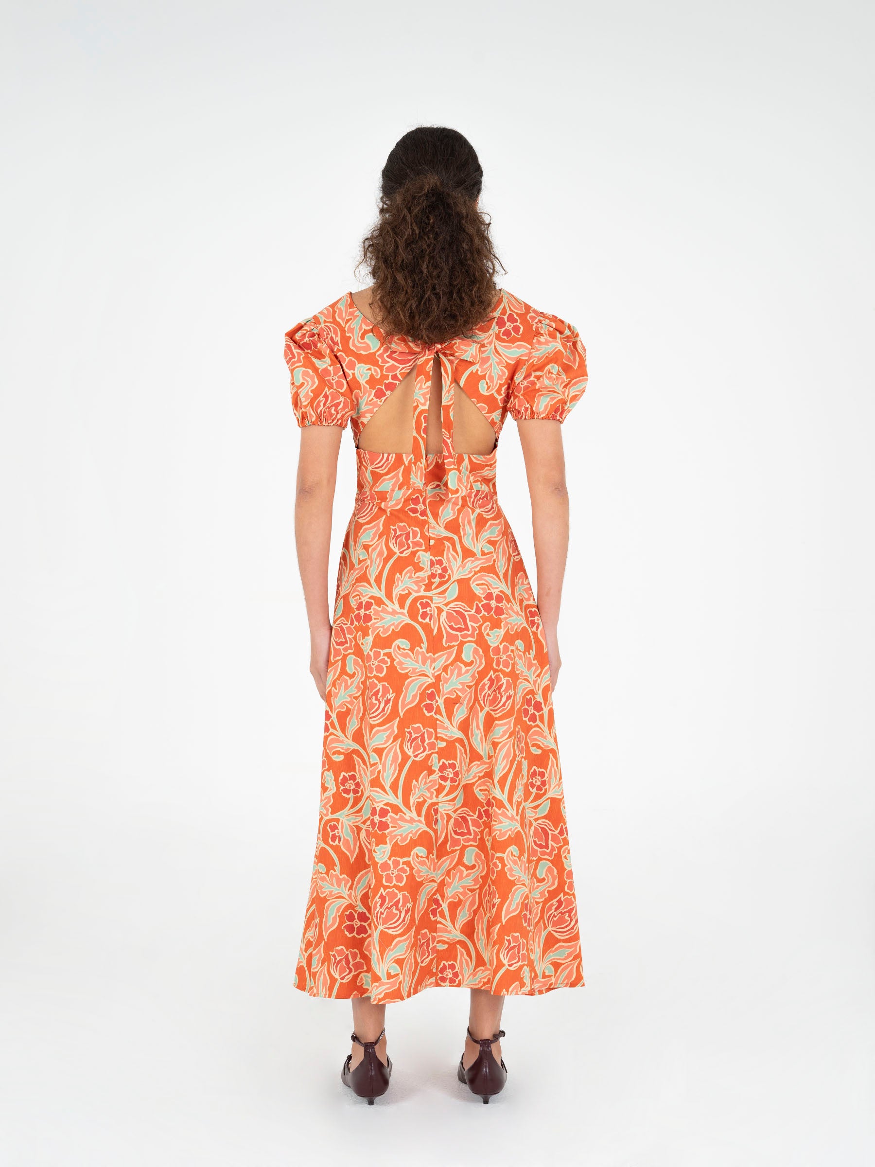 orange floral tea dress Entro Floral Midi Ruffle Collar Dress