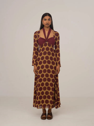 Eternal Yellow and Burgundy Polka Dot Long Occasion Dress