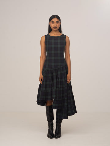 Evermore Plaid Blue Flared Asymmetric Dress
