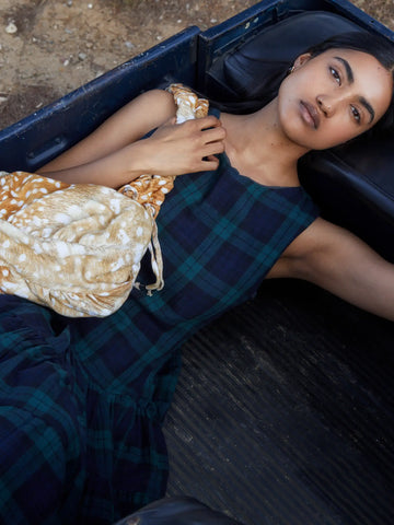 Evermore Plaid Blue Flared Asymmetric Dress