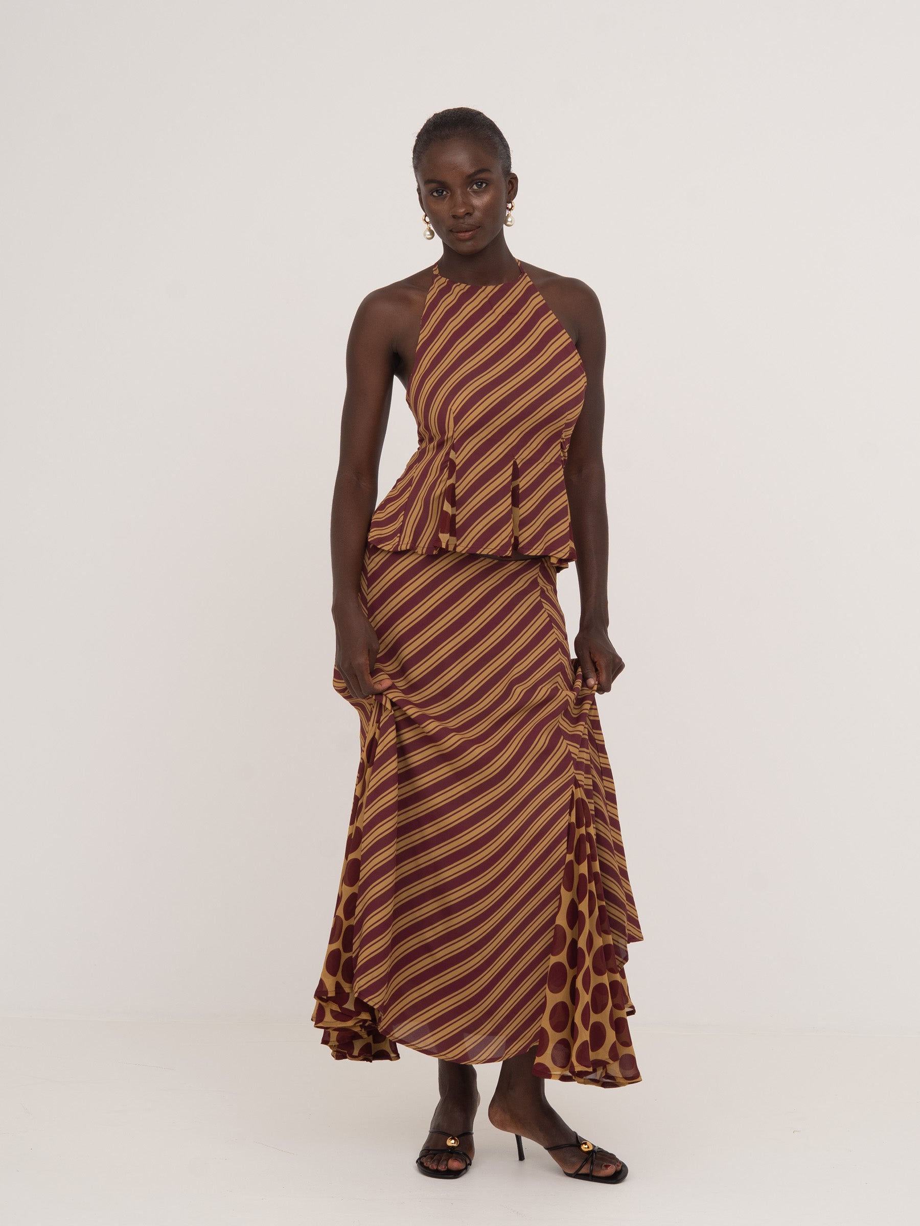 Immortal Burgundy and Yellow Contrast Stripes and Polka Dot Occasion Skirt falda