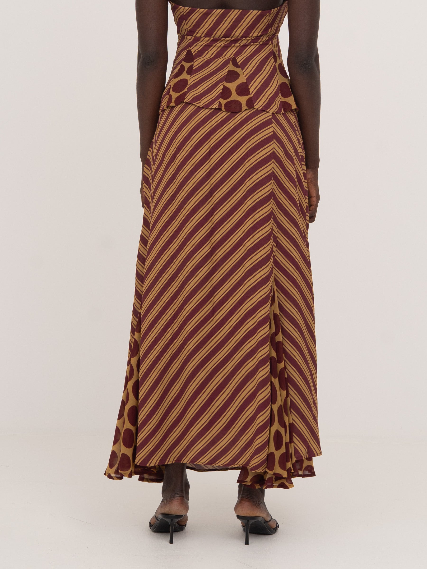 Immortal Burgundy and Yellow Contrast Stripes and Polka Dot Occasion Skirt falda