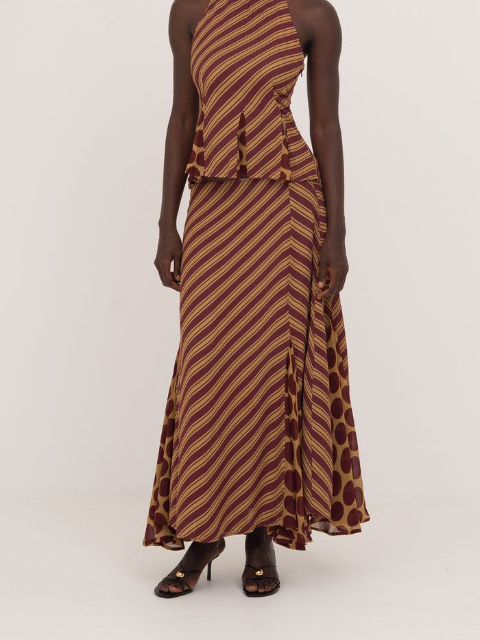 Immortal Burgundy and Yellow Contrast Stripes and Polka Dot Occasion Skirt 