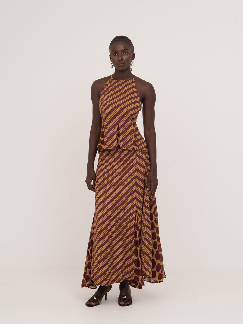 Immortal Burgundy and Yellow Contrast Stripes and Polka Dot Occasion Skirt falda