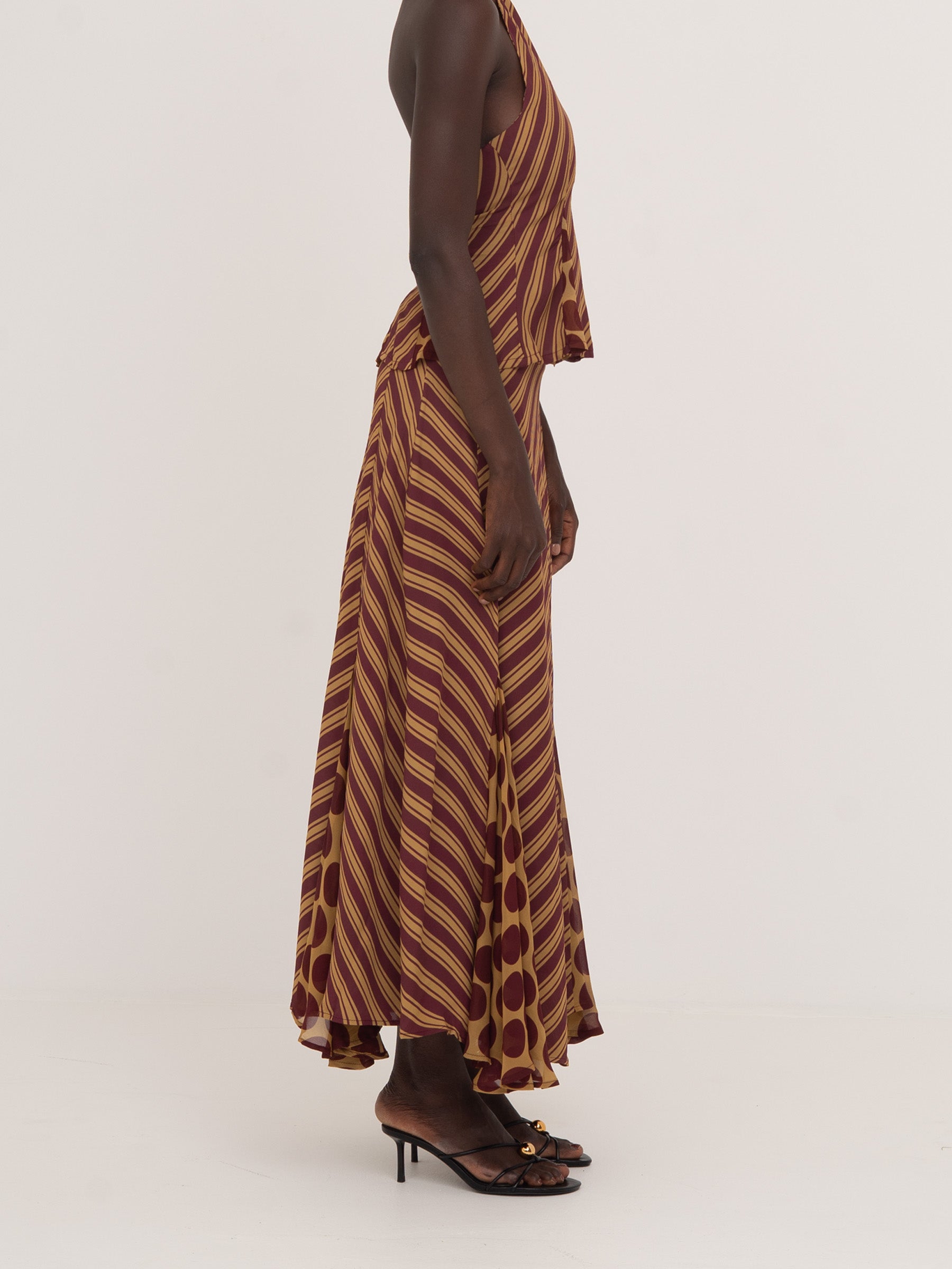 Immortal Burgundy and Yellow Contrast Stripes and Polka Dot Occasion Skirt falda