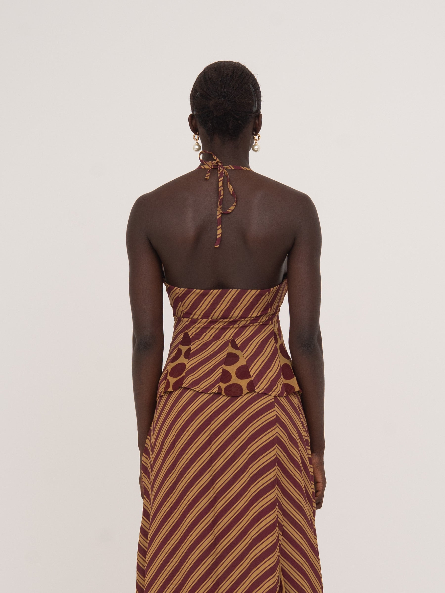 Immortal Burgundy and Yellow Contrast Stripes and Polka Dot Occasion Top top