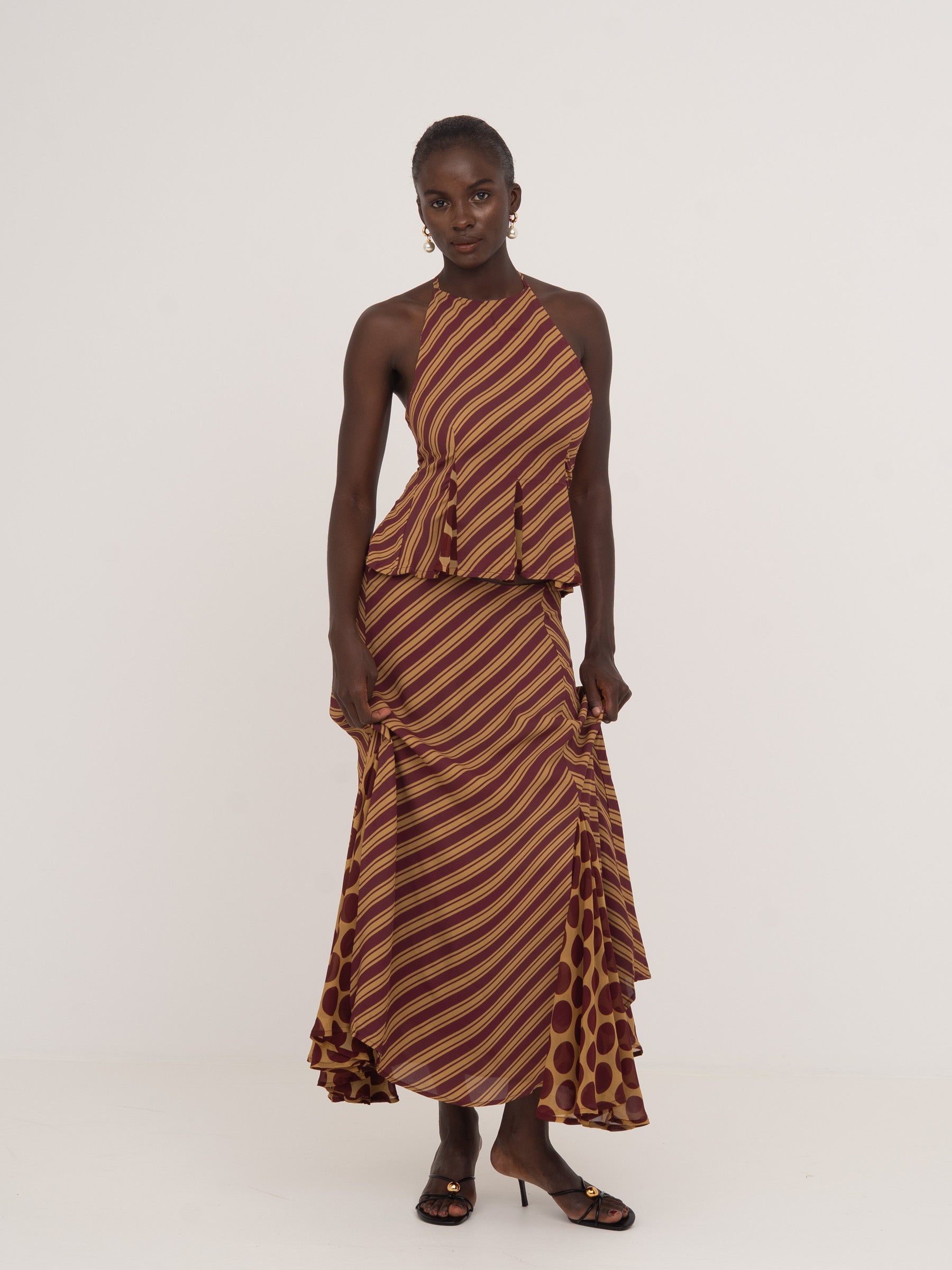 Immortal Burgundy and Yellow Contrast Stripes and Polka Dot Occasion Top top