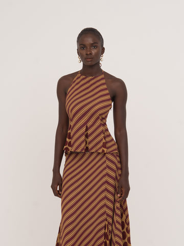 Immortal Burgundy and Yellow Contrast Stripes and Polka Dot Occasion Top 