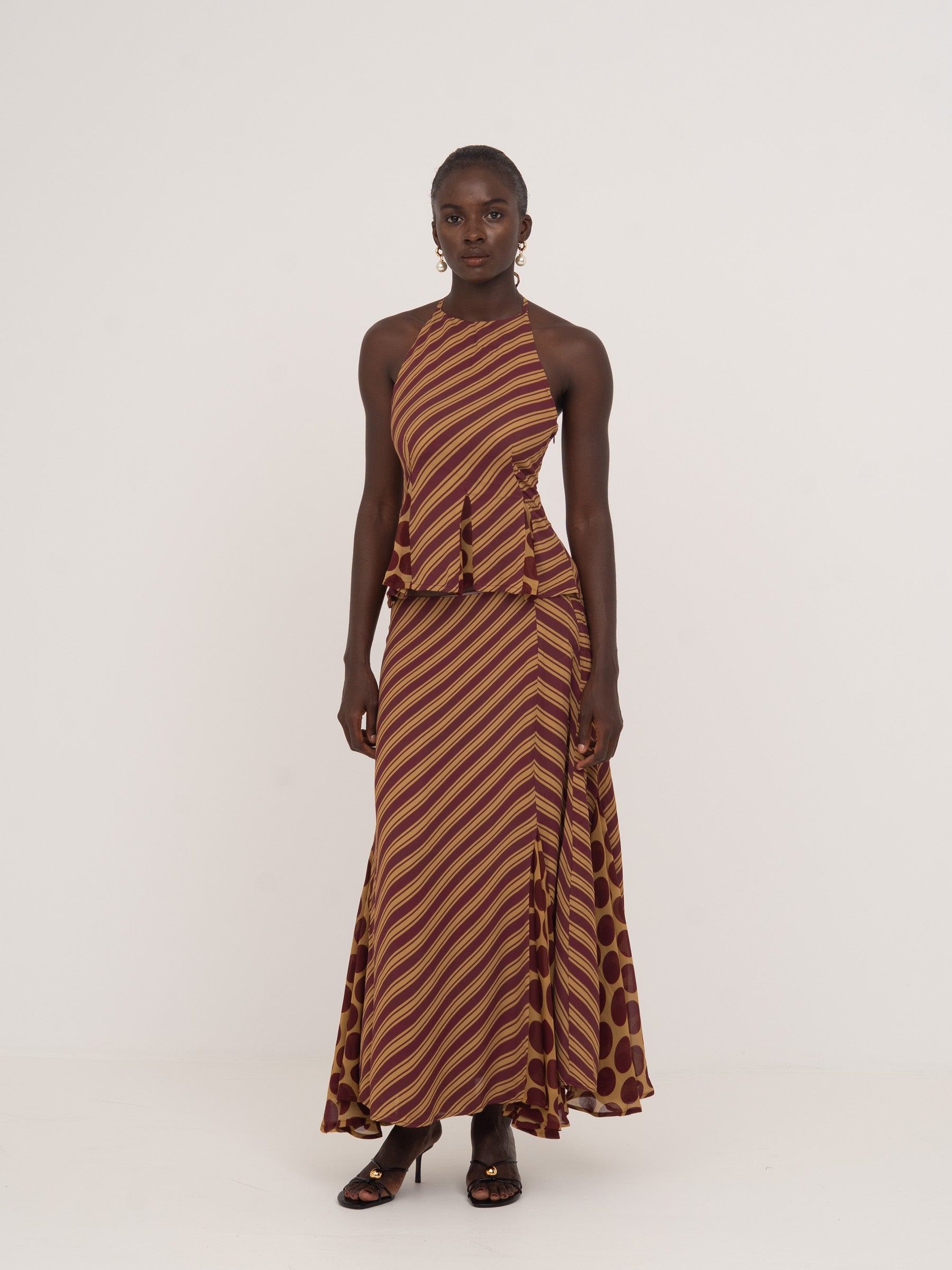 Immortal Burgundy and Yellow Contrast Stripes and Polka Dot Occasion Top top