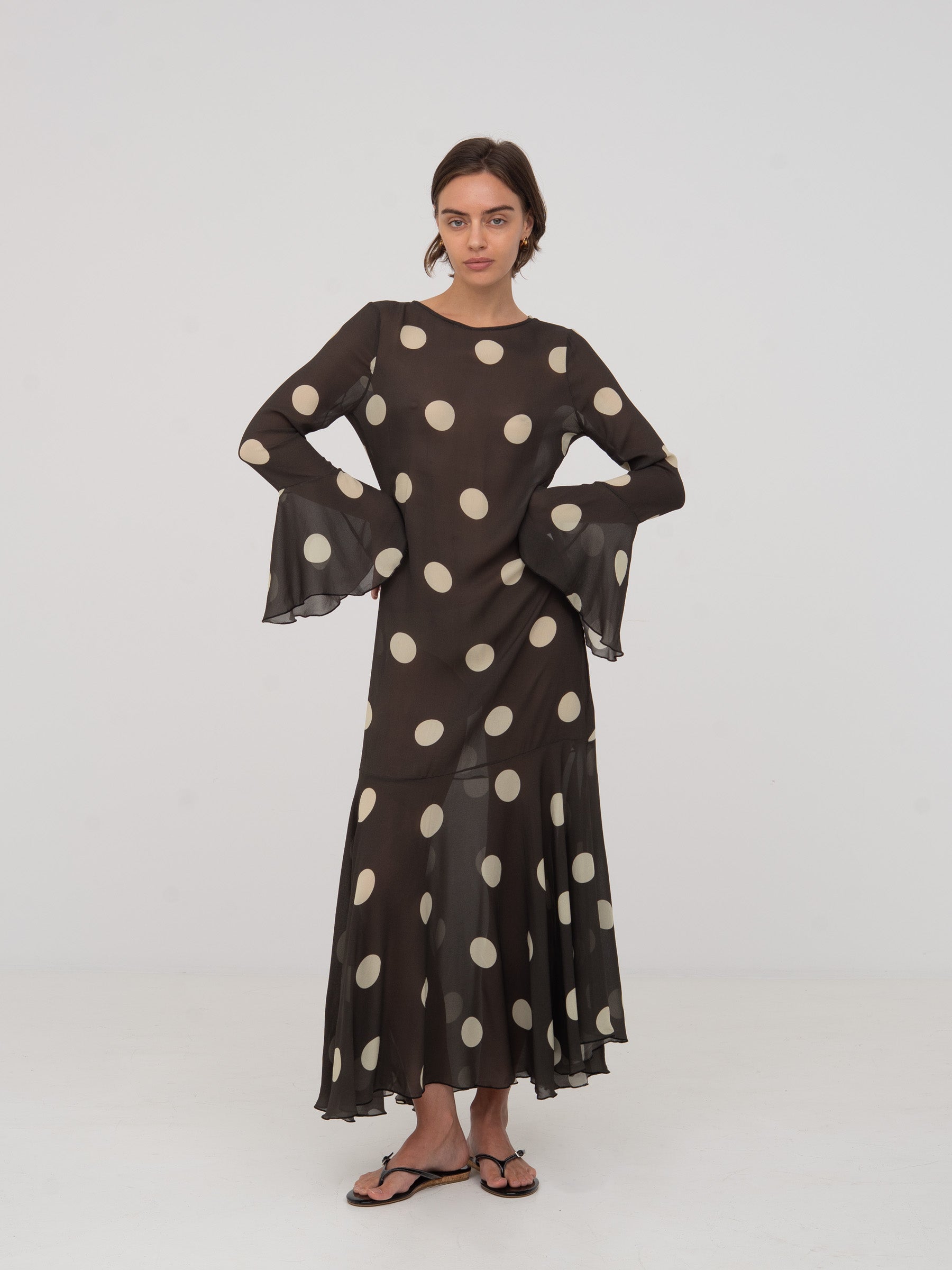 Brown and white polka dot Jester midi dress