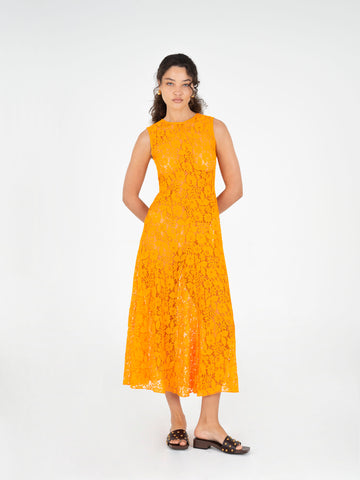 Orange sleeveless floral lace midi dress | CARMEN SAYS Orange sleeveless floral lace midi dress | CARMEN SAYS