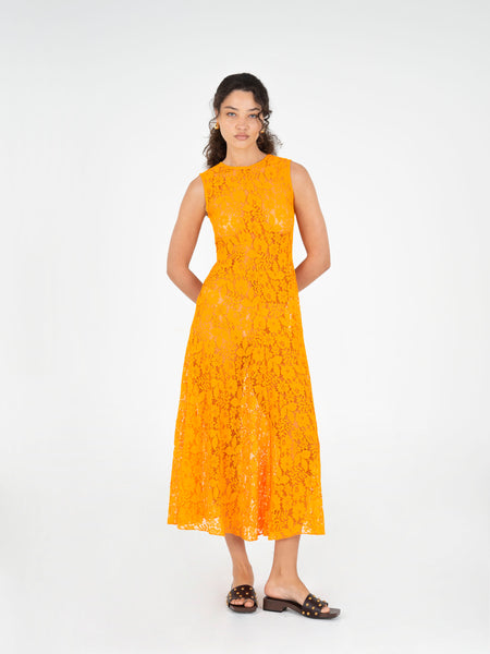 Orange sleeveless floral lace midi dress