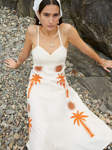 white dress with orange flowers Brown and orange palm tree print maxi dress
