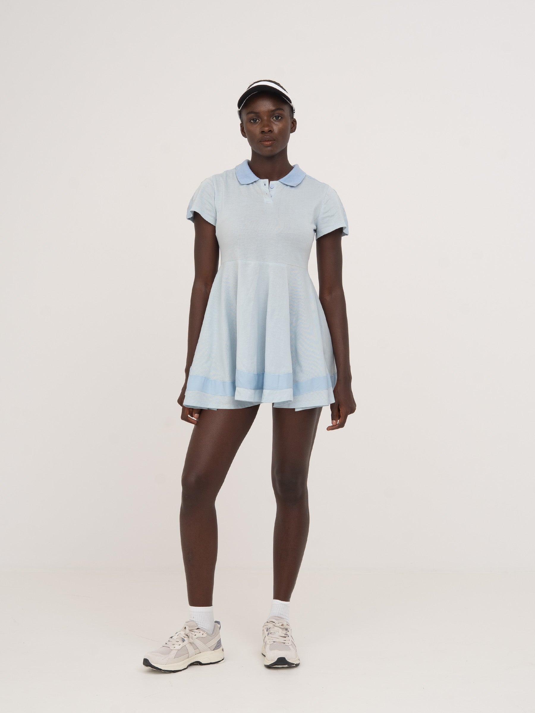 Blue piqu mini dress with a flared neckline | CARMEN SAYS Blue piqu mini dress with a flared neckline | CARMEN SAYS