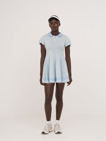 Blue piqu mini dress with a flared neckline | CARMEN SAYS Blue piqu mini dress with a flared neckline | CARMEN SAYS