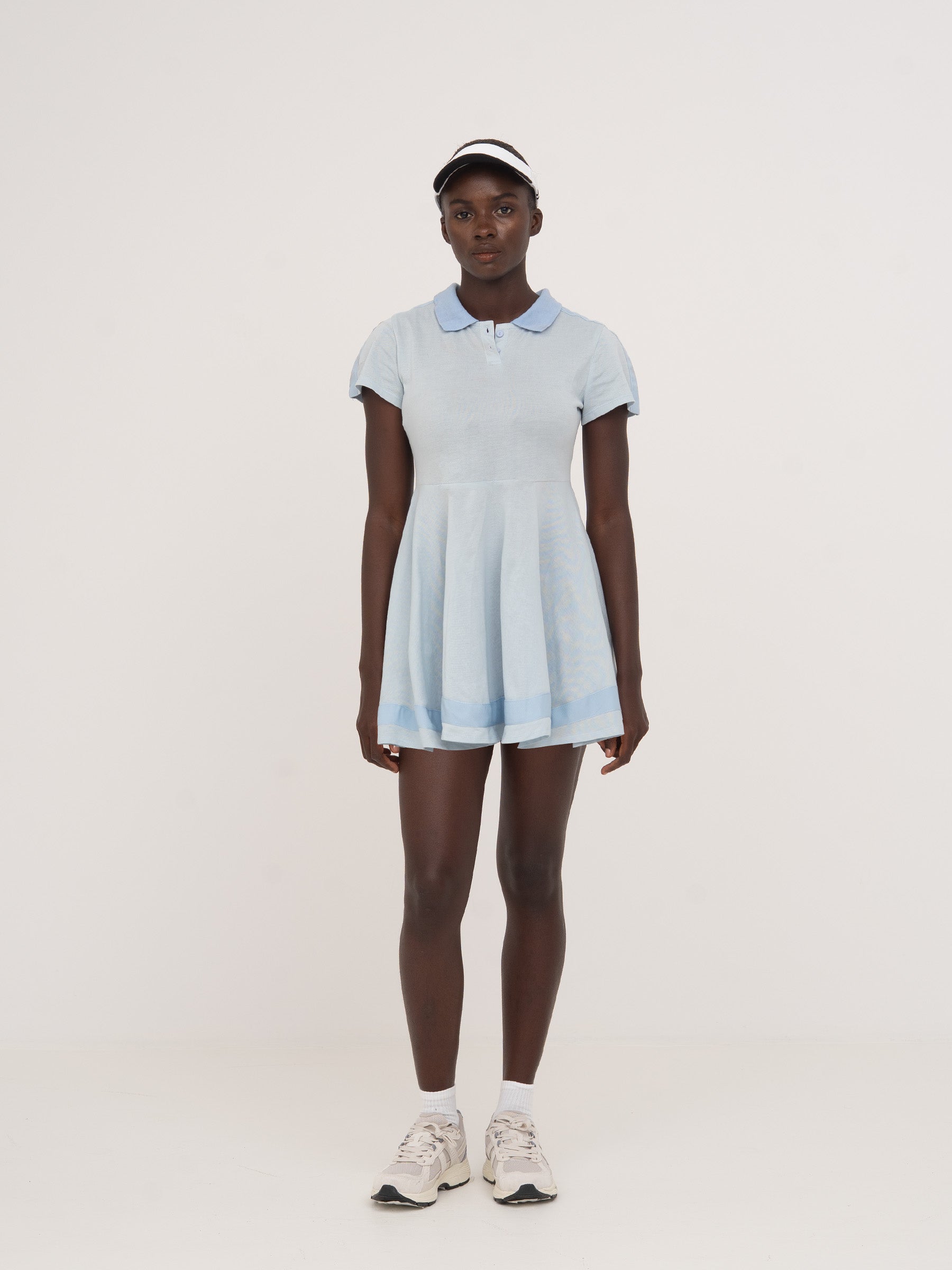 Blue piqué mini dress with a flared neckline