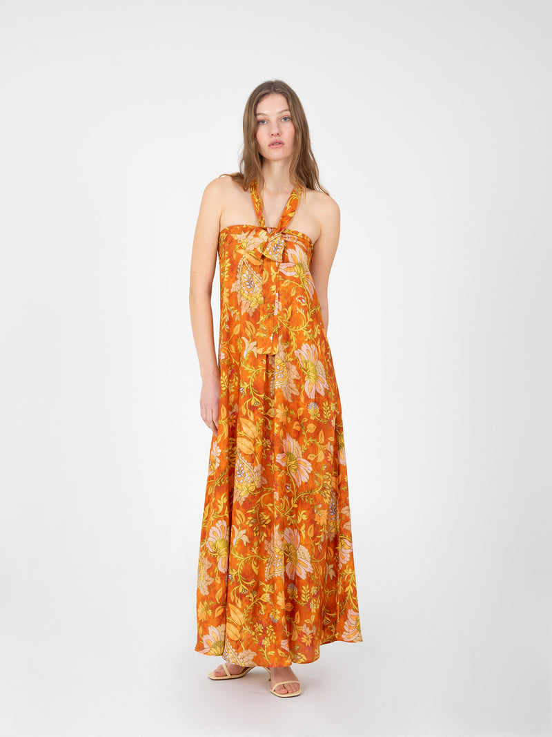 Oracle Orange Floral Print Dress vestidos