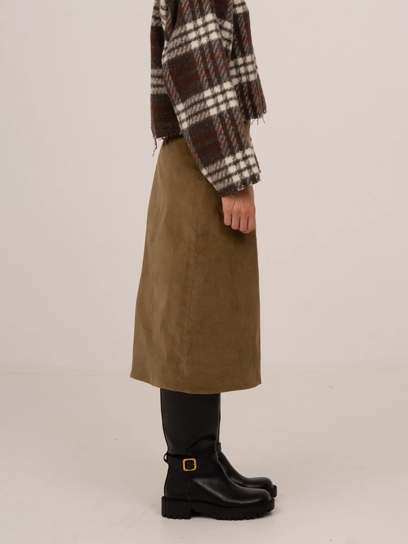 Pace Khaki Velvet Midi Skirt