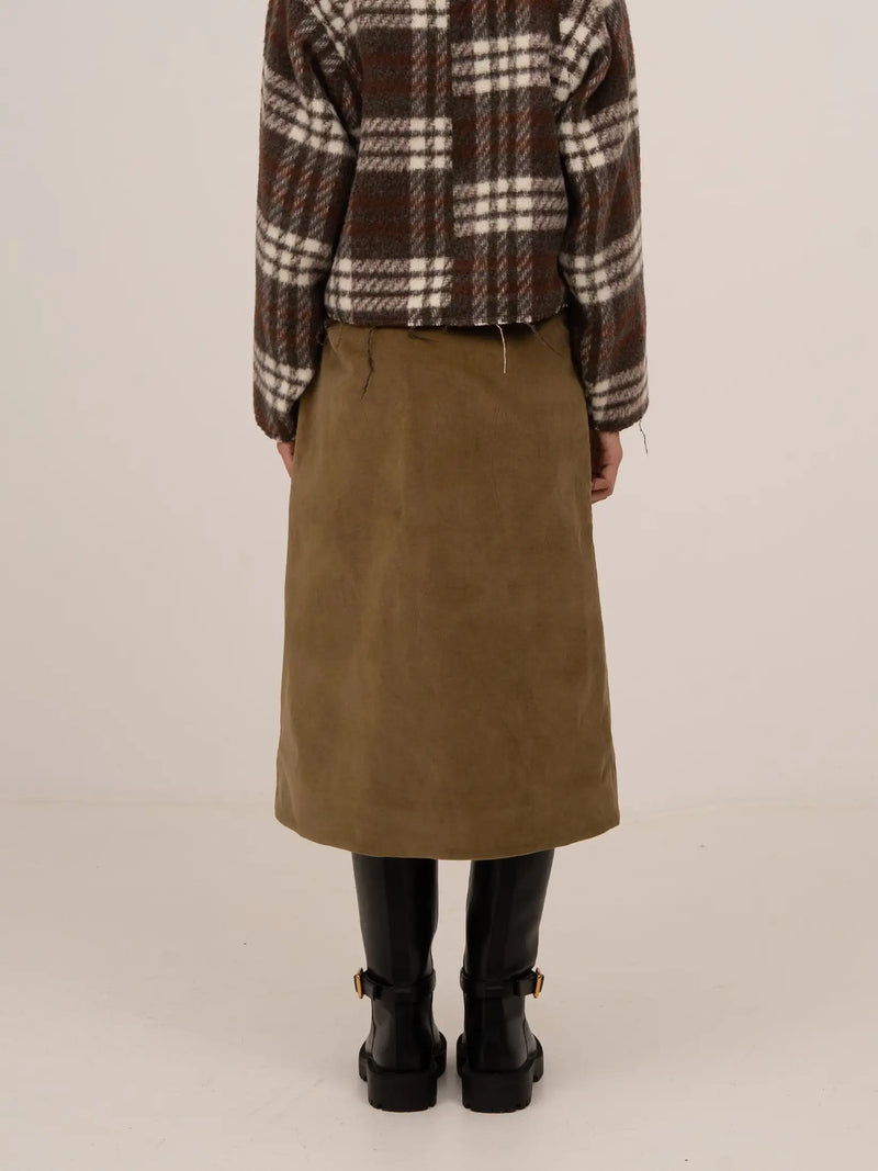 Pace Khaki Velvet Midi Skirt