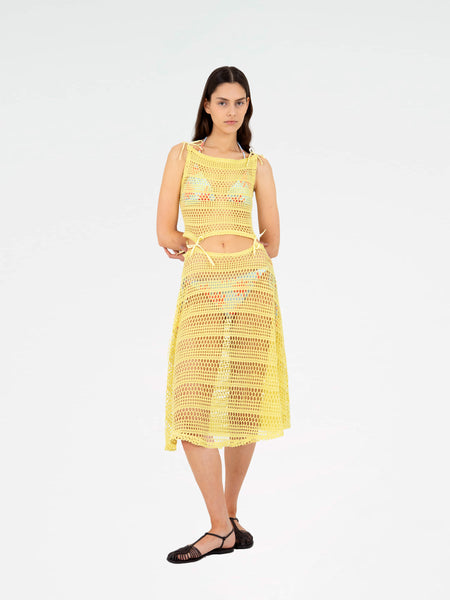 Yellow openwork knit midi dress with bows | CARMEN SAYS Yellow openwork knit midi dress with bows | CARMEN SAYS