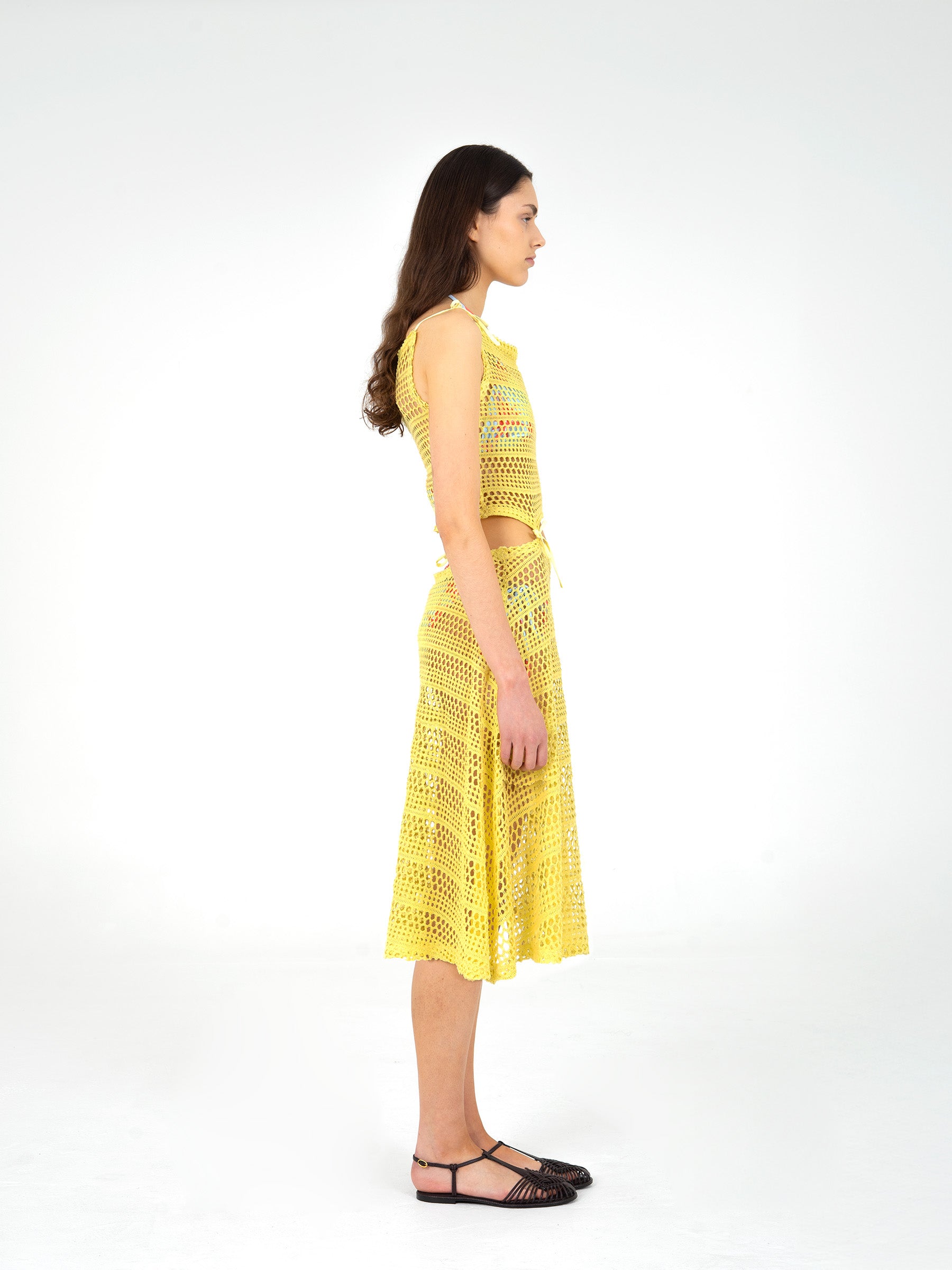 Yellow openwork knit midi dress with bows | CARMEN SAYS Yellow openwork knit midi dress with bows | CARMEN SAYS