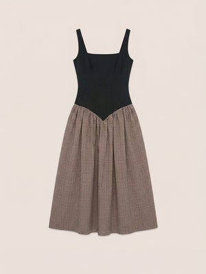 Rove Contrast Bodice Brown Plaid Midi Dress