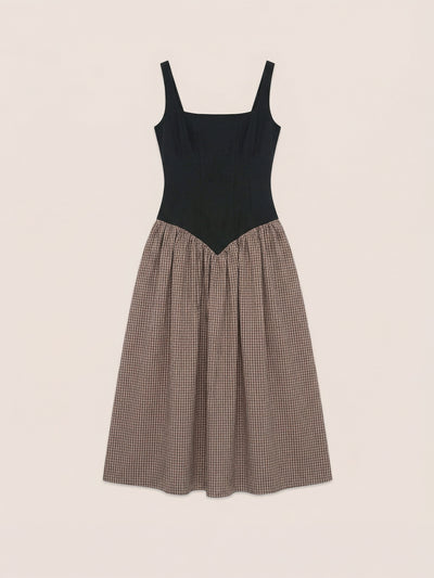 Rove Contrast Bodice Brown Plaid Midi Dress