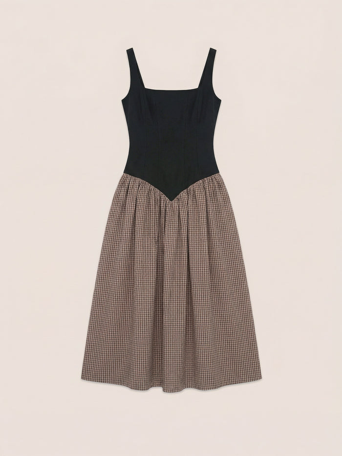 Rove Contrast Bodice Brown Plaid Midi Dress