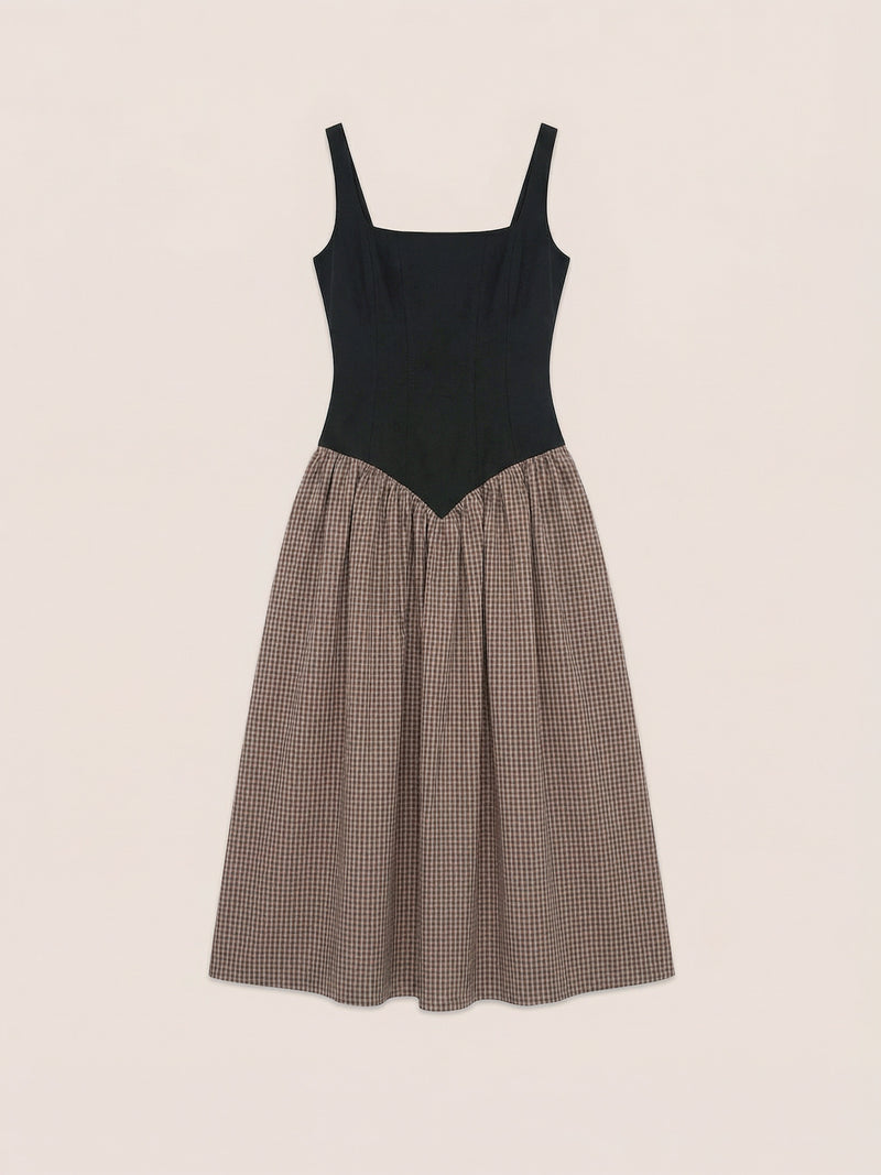 Rove Contrast Bodice Brown Plaid Midi Dress