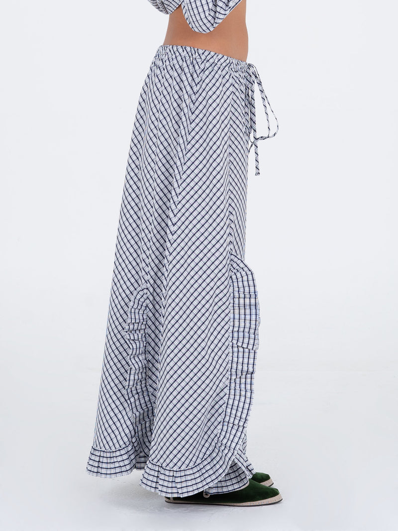 Starlit Blue Checkered Pattern Maxi Skirt pantalones