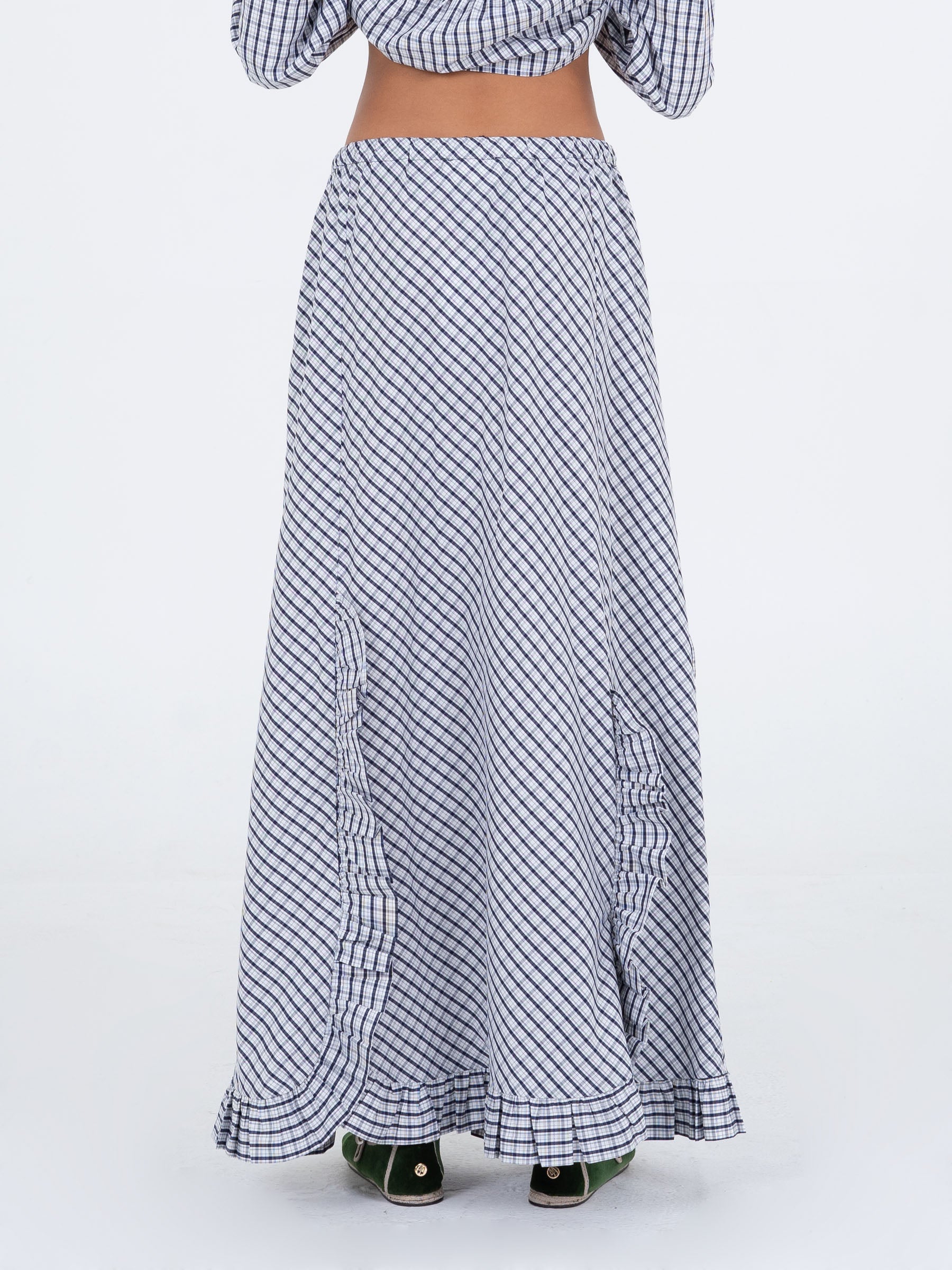 Starlit Blue Checkered Pattern Maxi Skirt pantalones