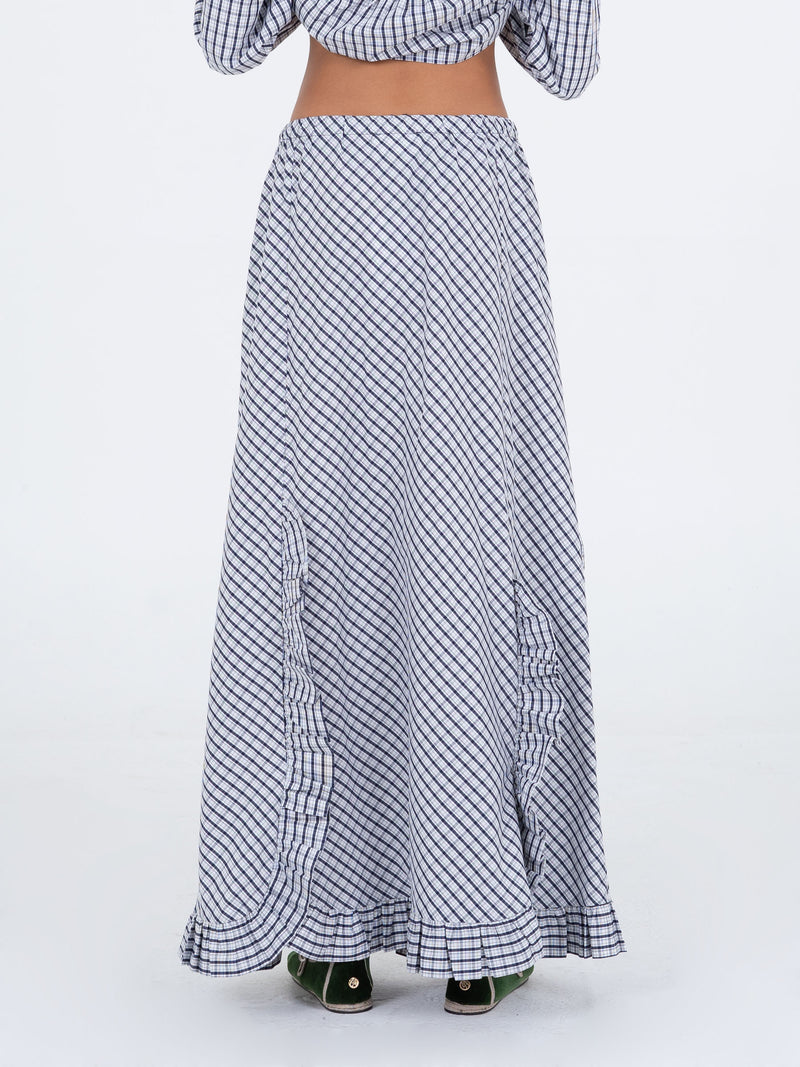 Starlit Blue Checkered Pattern Maxi Skirt pantalones