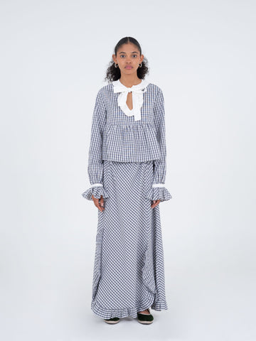 Starlit Blue Checkered Pattern Maxi Skirt