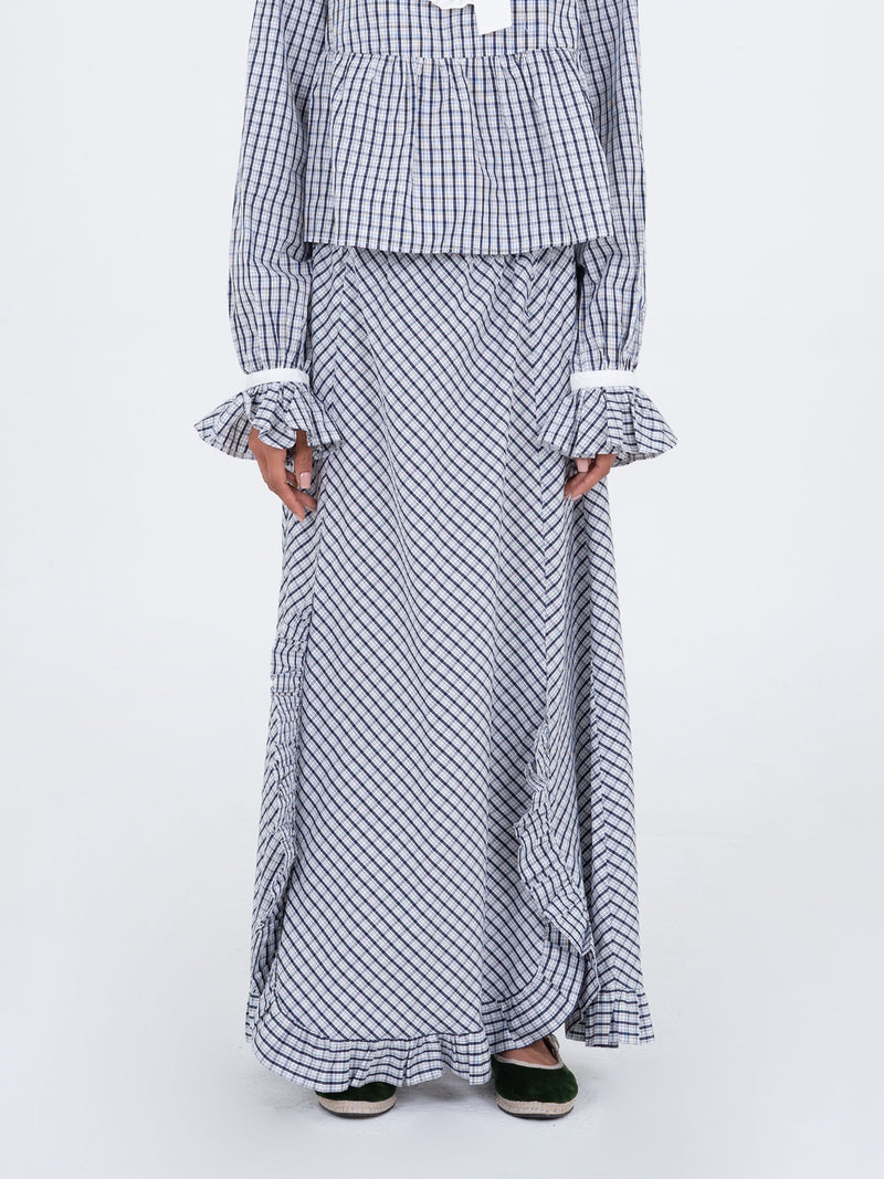 Starlit Blue Checkered Pattern Maxi Skirt pantalones