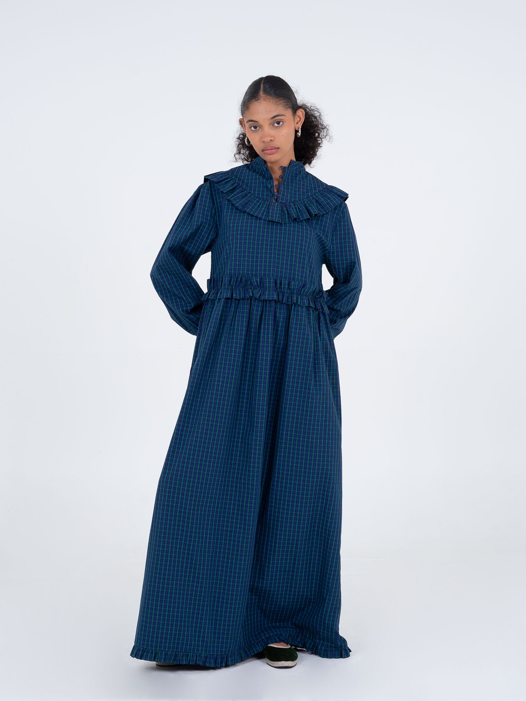 Blue tartan maxi dress with ruffles