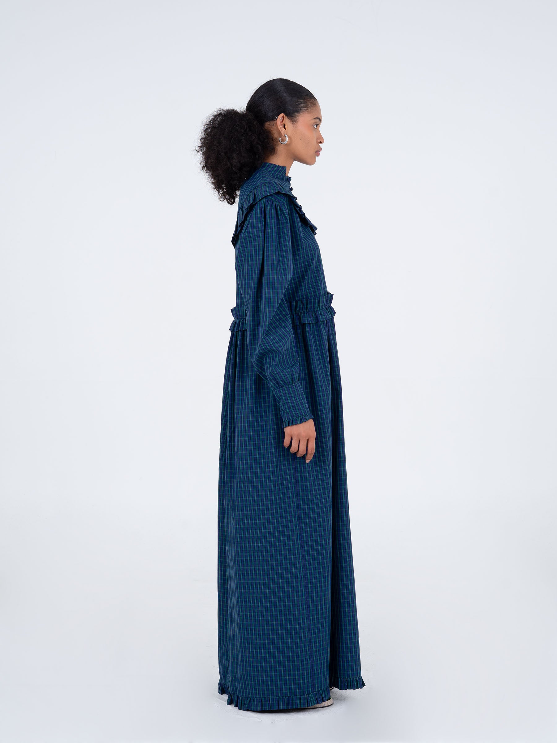 Blue tartan maxi dress with ruffles | CARMEN SAYS Blue tartan maxi dress with ruffles | CARMEN SAYS
