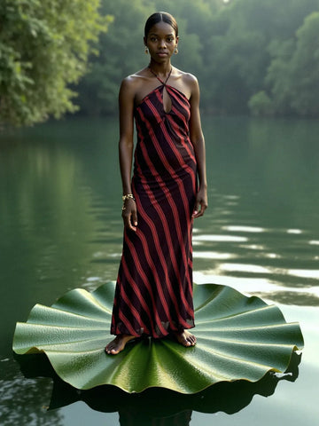 Whispered Striped Burgundy and Red Long Occasion Dress 