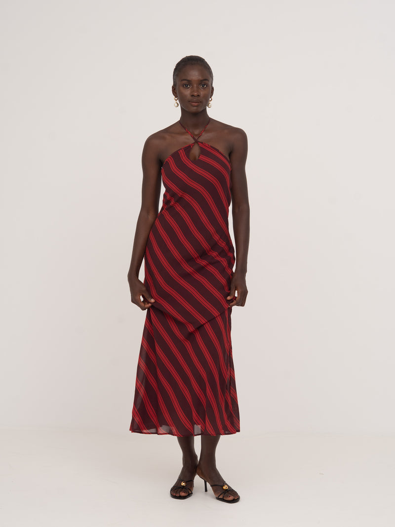 Whispered Striped Burgundy and Red Long Occasion Dress vestidos