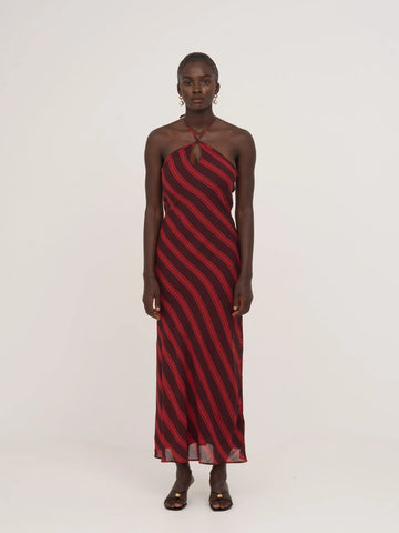Long burgundy and red striped dress with a bow at the back | CARMEN SAYS Long burgundy and red striped dress with a bow at the back | CARMEN SAYS