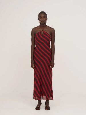 Whispered Striped Burgundy and Red Long Occasion Dress 