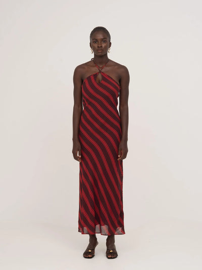 Whispered Striped Burgundy and Red Long Occasion Dress