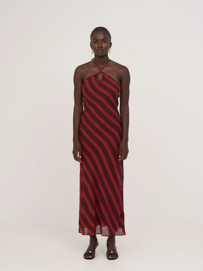 Whispered Striped Burgundy and Red Long Occasion Dress