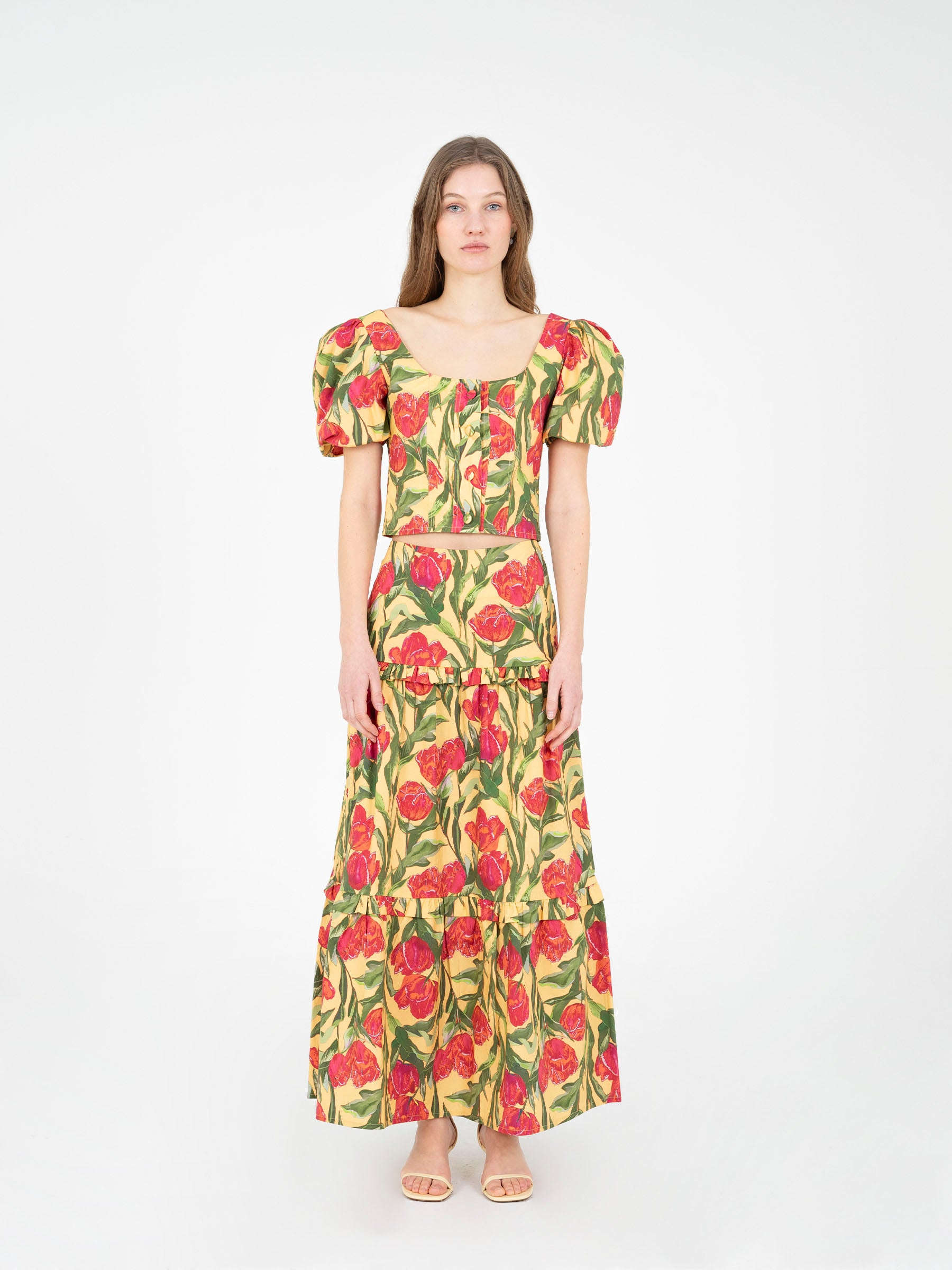 Yellow floral print maxi skirt with ruffles | CARMEN SAYS Yellow floral print maxi skirt with ruffles | CARMEN SAYS