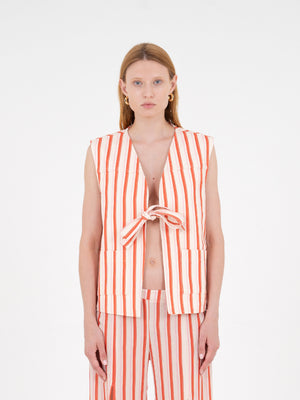 Zinnia Red Striped Printed Denim Vest