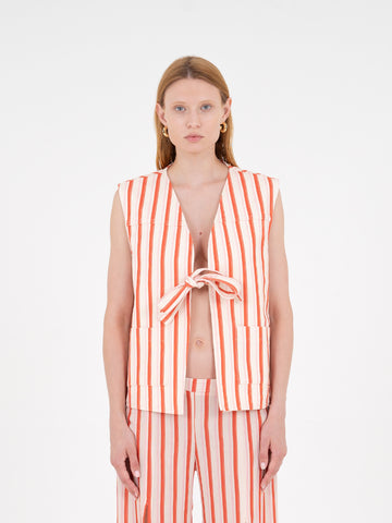 Zinnia Red Striped Printed Denim Vest