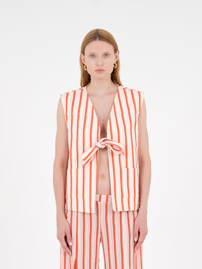 Zinnia Red Striped Printed Denim Vest